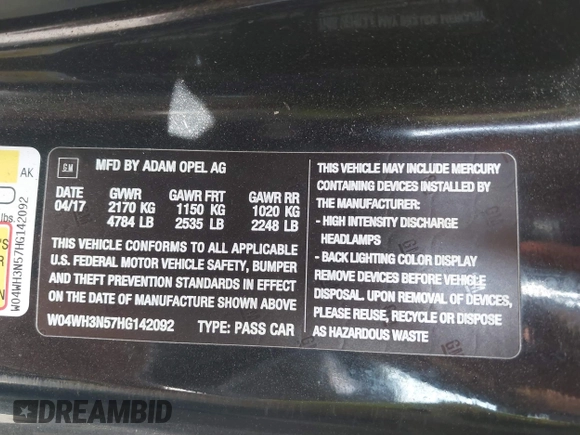 2017 Buick Cascada Premium with VIN W04WH3N57HG142092, listed as a IAAI auction lot 41912901 with 59,486 mi miles and . Bid and sale history available at DreamBid. Image 9.