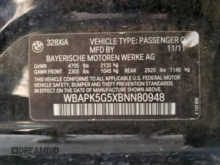 2011 BMW 3 Series 328i xDrive with VIN WBAPK5G5XBNN80948, listed as a Copart auction lot 53783315 with 119,051 mi miles and Salvage Title. Bid and sale history available at carsss.com. Image 12.