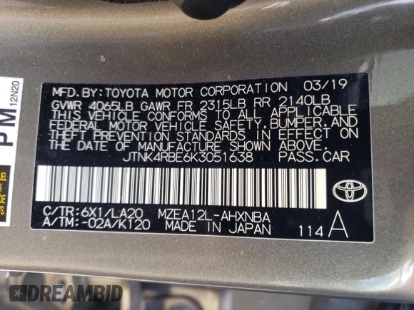 2019 Toyota Corolla Hatchback SE with VIN JTNK4RBE6K3051638, listed as a Copart auction lot 71595324 with 44,976 mi miles and Salvage Title. Bid and sale history available at carsss.com. Image 13.