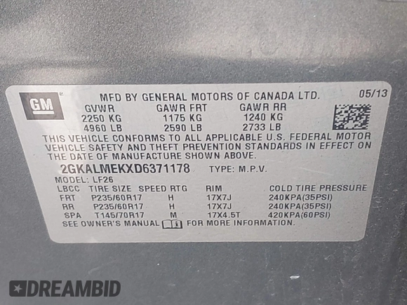 2013 GMC Terrain SLE with VIN 2GKALMEKXD6371178, listed as a IAAI auction lot 41738392 with 210,951 mi miles. Bid and sale history available at carsss.com. Image 9.