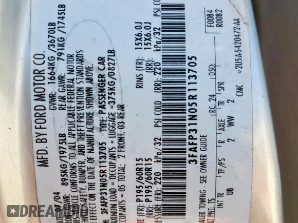 2005 Ford Focus S с VIN 3FAFP31N05R113705, выставлен на аукционе Copart как лот 47631305 с пробегом 206 915 миль миль и Списание • Salvage title. История ставок и продаж доступна на DreamBid. Изображение 12.