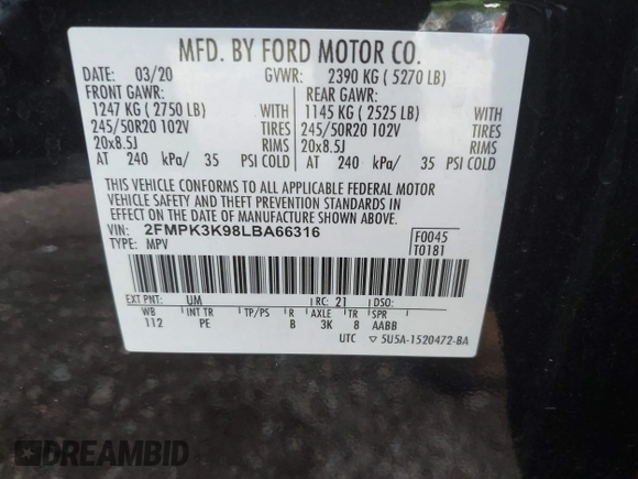 2020 Ford Edge Titanium with VIN 2FMPK3K98LBA66316, listed as a IAAI auction lot 42629838 with 75,086 mi miles and . Bid and sale history available at DreamBid. Image 9.