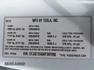 2019 Tesla Model 3 Mid Range with VIN 5YJ3E1EA5KF397098, listed as a IAAI auction lot 41943570 with 72,046 mi miles and . Bid and sale history available at DreamBid. Image 9.