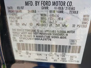 2008 Ford Escape XLT с VIN 1FMCU93198KA29776, выставлен на аукционе IAAI как лот 42385565 с пробегом 250 329 миль миль и . История ставок и продаж доступна на DreamBid. Изображение 9.