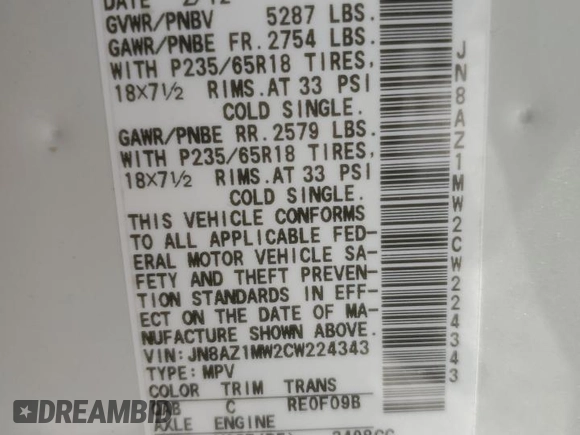 2012 Nissan Murano SL with VIN JN8AZ1MW2CW224343, listed as a Copart auction lot 53629575 with 104,626 mi miles and Salvage Title. Bid and sale history available at DreamBid. Image 15.