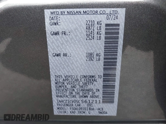 2025 Nissan LEAF SV Plus with VIN 1N4CZ1CV0SC561211, listed as a IAAI auction lot 41008053 with 1,042 mi miles and . Bid and sale history available at carsss.com. Image 9.