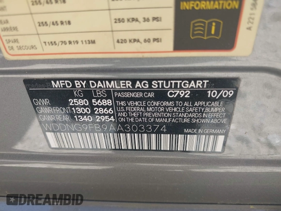 2010 Mercedes-Benz S 400 with VIN WDDNG9FB9AA303374, listed as a IAAI auction lot 42017795 with 79,883 mi miles and . Bid and sale history available at DreamBid. Image 9.