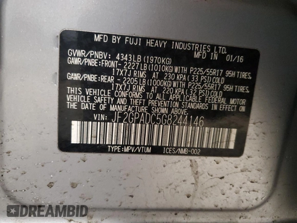 2016 Subaru Crosstrek Premium с VIN JF2GPADC5G8244146, выставлен на аукционе Copart как лот 89181745 с пробегом Не указан миль и Списание • Salvage title. История ставок и продаж доступна на DreamBid. Изображение 14.