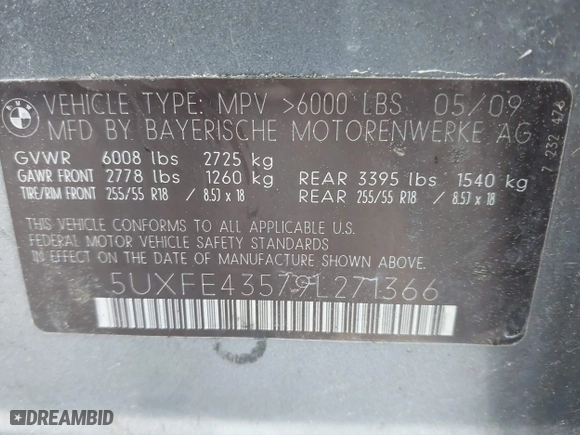 2009 BMW X5 30i with VIN 5UXFE43579L271366, listed as a IAAI auction lot 41831724 with 129,107 mi miles. Bid and sale history available at carsss.com. Image 9.