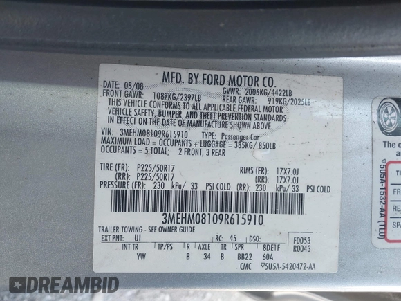 2009 Mercury Milan Premier с VIN 3MEHM08109R615910, выставлен на аукционе IAAI как лот 41817926 с пробегом 169 054 миль миль и . История ставок и продаж доступна на DreamBid. Изображение 9.