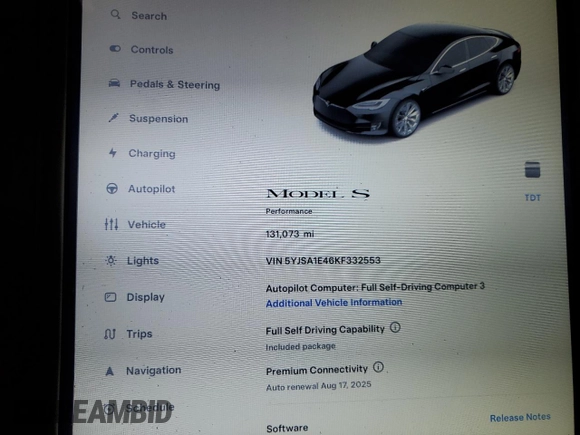 2019 Tesla Model S 100D с VIN 5YJSA1E46KF332553, выставлен на аукционе Copart как лот 41532825 с пробегом 131 073 миль миль и Списание • Salvage title. История ставок и продаж доступна на DreamBid. Изображение 9.