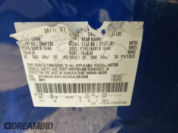 2013 Ford Edge Limited with VIN 2FMDK3KC8DBA35356, listed as a IAAI auction lot 42605566 with 201,943 mi miles and . Bid and sale history available at DreamBid. Image 9.