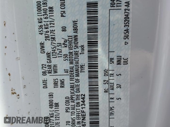 2022 Ford F-250 XL with VIN 1FT7X2B67NEF13442, listed as a Copart auction lot 51285825 with Not Provided miles and Salvage Title. Bid and sale history available at DreamBid. Image 12.