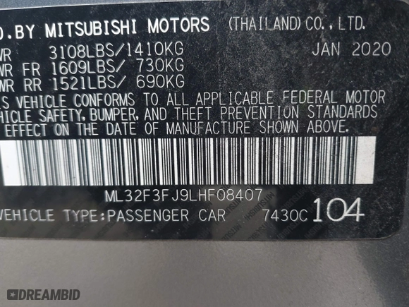 2020 Mitsubishi Mirage G4 ES with VIN ML32F3FJ9LHF08407, listed as a IAAI auction lot 41380079 with 57,292 mi miles. Bid and sale history available at carsss.com. Image 9.