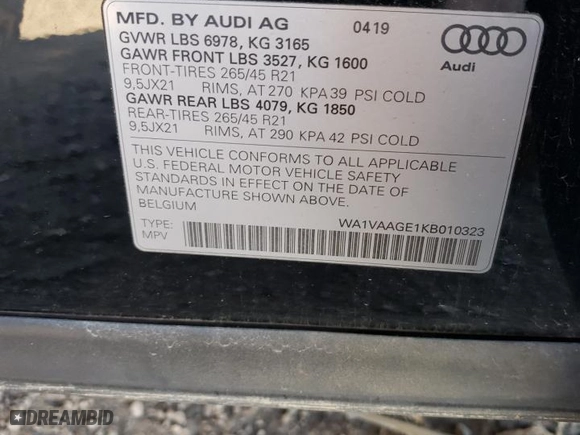 2019 Audi e-tron Prestige with VIN WA1VAAGE1KB010323, listed as a Copart auction lot 68242952 with 27,138 mi miles. Bid and sale history available at carsss.com. Image 14.
