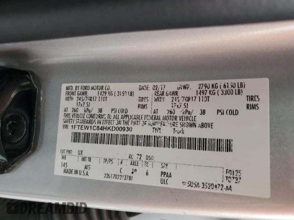 2017 Ford F-150 XL with VIN 1FTEW1C84HKD00930, listed as a Copart auction lot 50089925 with 190,000 mi miles and Salvage Title. Bid and sale history available at carsss.com. Image 12.
