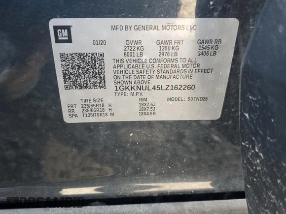 2020 GMC Acadia SLT with VIN 1GKKNUL45LZ162260, listed as a Copart auction lot 57959905 with Not provided miles and Salvage title. Bid and sale history available at DreamBid. Image 14.
