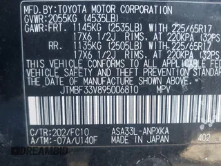 2009 Toyota RAV4 with VIN JTMBF33V895006810, listed as a IAAI auction lot 41734941 with 87,960 mi miles. Bid and sale history available at carsss.com. Image 9.