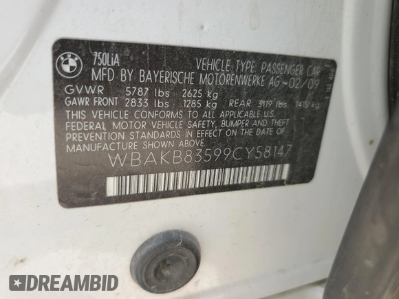 2009 BMW 7 Series 750Li with VIN WBAKB83599CY58147, listed as a Copart auction lot 59238475 with 124,336 mi miles and Salvage title. Bid and sale history available at DreamBid. Image 12.