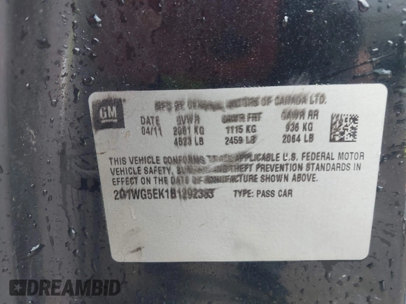2011 Chevrolet Impala LT Fleet with VIN 2G1WG5EK1B1292383, listed as a IAAI auction lot 42534325 with 221,651 mi miles and . Bid and sale history available at DreamBid. Image 9.