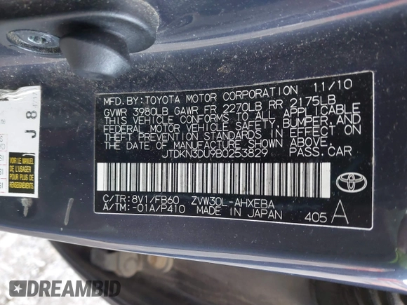 2011 Toyota Prius I with VIN JTDKN3DU9B0253829, listed as a IAAI auction lot 41416197 with 132,469 mi miles and . Bid and sale history available at DreamBid. Image 9.
