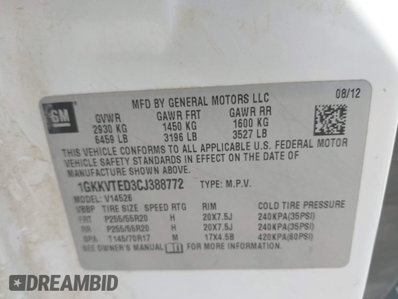2012 GMC Acadia Denali with VIN 1GKKVTED3CJ388772, listed as a IAAI auction lot 41841072 with 246,889 mi miles. Bid and sale history available at carsss.com. Image 9.