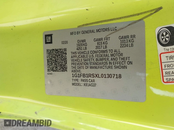 2020 Chevrolet Camaro 1LT z VIN 1G1FB1RSXL0130718, wystawiony jako IAAI lot #41653708 z przebiegiem 96 577 mil mil oraz . Historia ofert i sprzedaży dostępna na DreamBid. Obrazek 9.