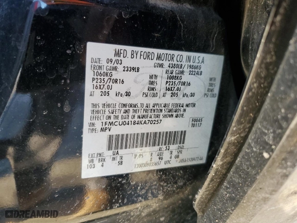 2004 Ford Escape Limited with VIN 1FMCU04184KA70257, listed as a Copart auction lot 89130575 with 186,430 mi miles and Salvage Title. Bid and sale history available at carsss.com. Image 15.
