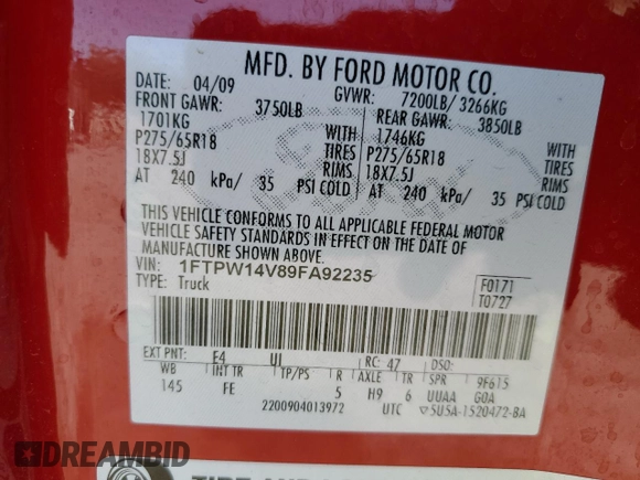 2009 Ford F-150 XL with VIN 1FTPW14V89FA92235, listed as a Copart auction lot 52831104 with 166,608 mi miles and Salvage title. Bid and sale history available at DreamBid. Image 12.