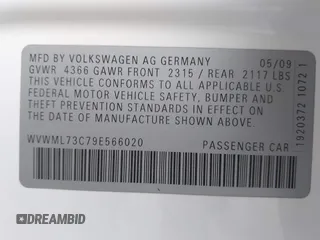 2009 Volkswagen CC Sport with VIN WVWML73C79E566020, listed as a IAAI auction lot 42140306 with 133,411 mi miles. Bid and sale history available at carsss.com. Image 9.