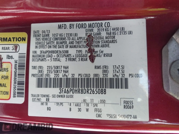 2013 Ford Fusion SE with VIN 3FA6P0HR8DR265088, listed as a IAAI auction lot 42043865 with 142,814 mi miles. Bid and sale history available at carsss.com. Image 9.