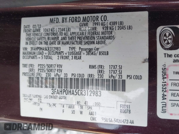 2012 Ford Fusion SE with VIN 3FAHP0HA5CR312983, listed as a IAAI auction lot 42399940 with 230,311 mi miles and . Bid and sale history available at DreamBid. Image 9.