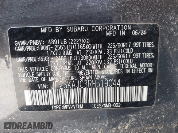 2024 Subaru Forester Wilderness with VIN JF2SKAJC3RH519044, listed as a IAAI auction lot 42138586 with 9,342 mi miles and . Bid and sale history available at DreamBid. Image 9.