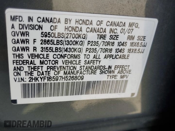2007 Honda Pilot EX-L z VIN 2HKYF18597H526809, wystawiony jako Copart lot #58746155 z przebiegiem 264 515 mil mil oraz Czysty tytuł • Clean title. Historia ofert i sprzedaży dostępna na DreamBid. Obrazek 13.