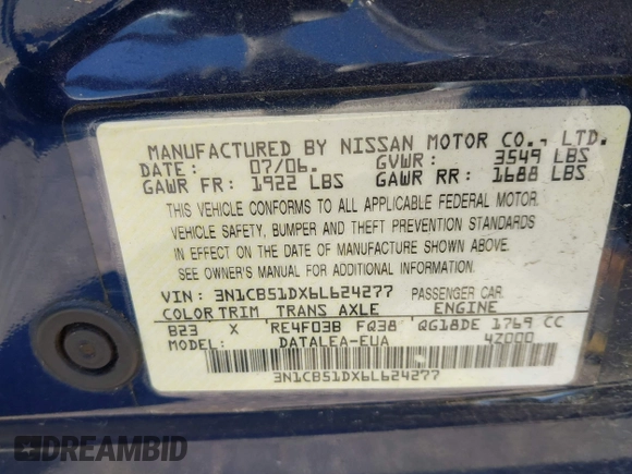 2006 Nissan Sentra S with VIN 3N1CB51DX6L624277, listed as a IAAI auction lot 42015230 with 160,473 mi miles and . Bid and sale history available at DreamBid. Image 9.