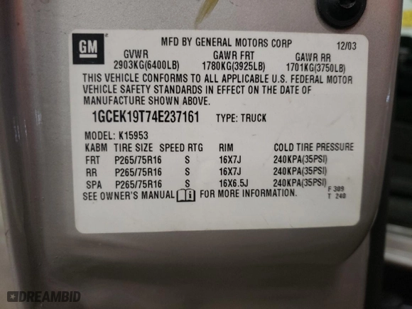 2004 Chevrolet Silverado 1500 Z71 with VIN 1GCEK19T74E237161, listed as a Copart auction lot 54268655 with 72,337 mi miles and Salvage Title. Bid and sale history available at carsss.com. Image 12.
