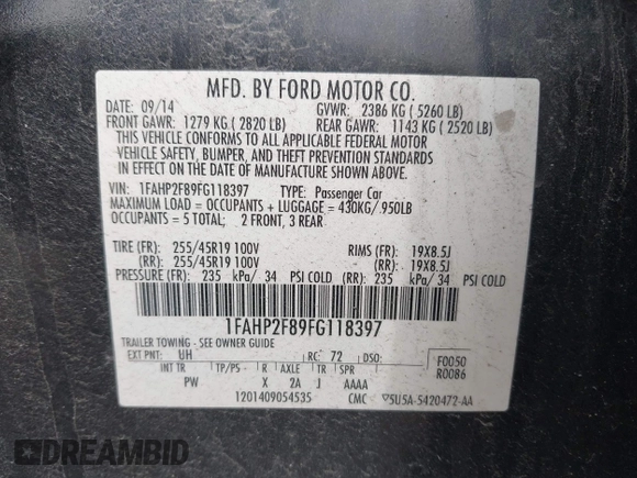 2015 Ford Taurus Limited with VIN 1FAHP2F89FG118397, listed as a IAAI auction lot 41662964 with 185,354 mi miles and . Bid and sale history available at DreamBid. Image 9.