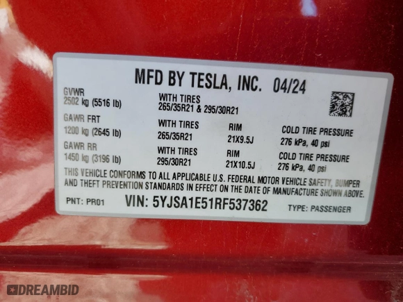 2024 Tesla Model S with VIN 5YJSA1E51RF537362, listed as a Copart auction lot 46931465 with 19,467 mi miles and Salvage Title. Bid and sale history available at carsss.com. Image 13.