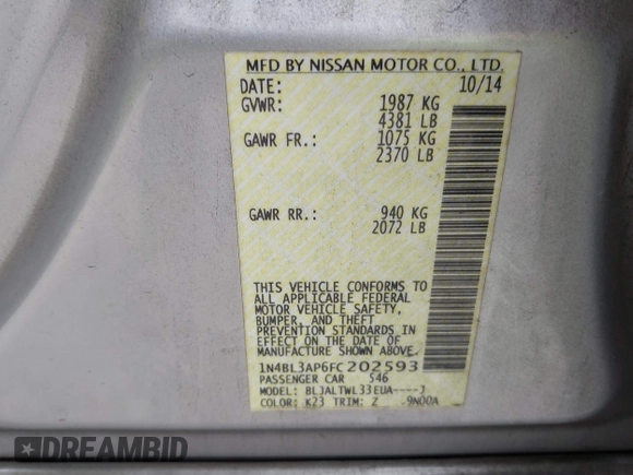 2015 Nissan Altima SL with VIN 1N4BL3AP6FC202593, listed as a IAAI auction lot 40765451 with 179,365 mi miles and . Bid and sale history available at DreamBid. Image 9.