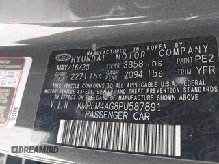 2023 Hyundai Elantra SEL with VIN KMHLM4AG8PU587891, listed as a IAAI auction lot 41825381 with Not provided miles and . Bid and sale history available at DreamBid. Image 9.