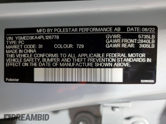 2023 Polestar 2 z VIN YSMED3KA4PL126778, wystawiony jako Copart lot #55846165 z przebiegiem Nie podano mil oraz Szkody całkowita. Historia ofert i sprzedaży dostępna na DreamBid. Obrazek 12.