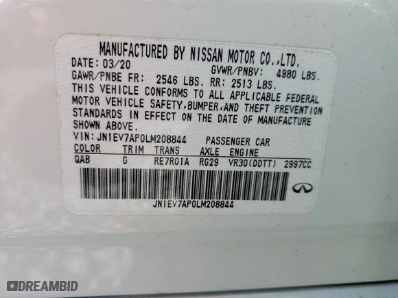 2020 Infiniti Q50 EDITION 30 with VIN JN1EV7AP0LM208844, listed as a Copart auction lot 52133105 with 42,046 mi miles and Salvage Title. Bid and sale history available at carsss.com. Image 13.