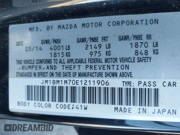 2014 Mazda 3 i Grand Touring with VIN JM1BM1M70E1211906, listed as a IAAI auction lot 41878585 with 112,013 mi miles and . Bid and sale history available at DreamBid. Image 9.