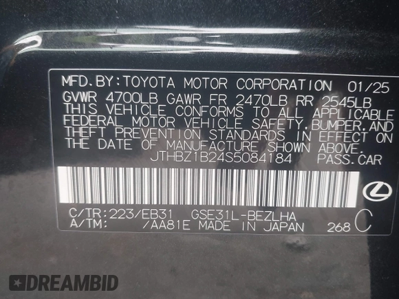 2025 Lexus IS 350 F Sport with VIN JTHBZ1B24S5084184, listed as a IAAI auction lot 42222378 with 2,114 mi miles and . Bid and sale history available at DreamBid. Image 9.