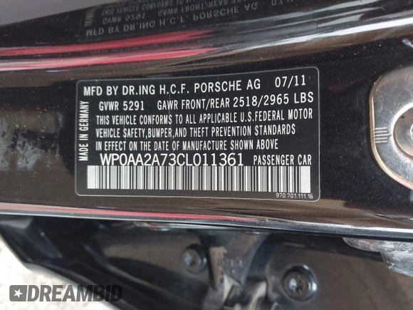 2012 Porsche Panamera with VIN WP0AA2A73CL011361, listed as a IAAI auction lot 41564053 with 126,446 mi miles and . Bid and sale history available at DreamBid. Image 9.
