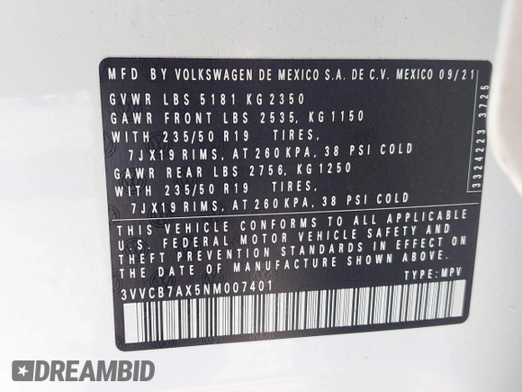 2022 Volkswagen Tiguan SE R-Line Black z VIN 3VVCB7AX5NM007401, wystawiony jako IAAI lot #41630458 z przebiegiem 55 635 mil mil oraz . Historia ofert i sprzedaży dostępna na DreamBid. Obrazek 9.