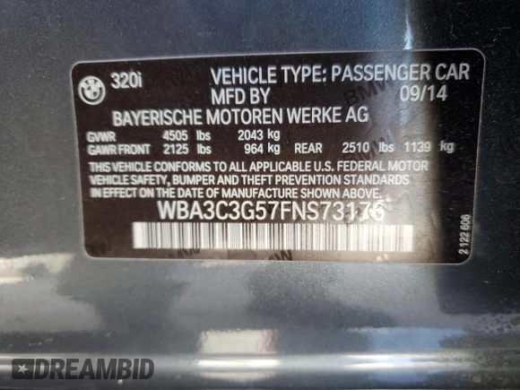 2015 BMW 3 Series 320i xDrive with VIN WBA3C3G57FNS73176, listed as a Copart auction lot 47315495 with 133,579 mi miles and Salvage Title. Bid and sale history available at carsss.com. Image 14.