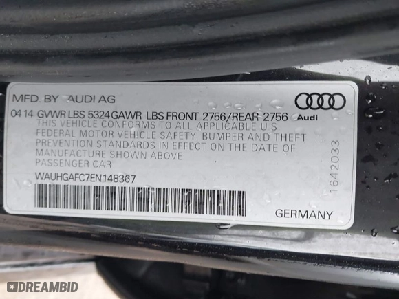 2014 Audi A6 3.0T Prestige with VIN WAUHGAFC7EN148367, listed as a IAAI auction lot 41084043 with 103,546 mi miles. Bid and sale history available at carsss.com. Image 9.