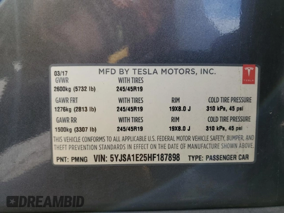 2017 Tesla Model S 100D z VIN 5YJSA1E25HF187898, wystawiony jako Copart lot #60829025 z przebiegiem 82 823 mil mil oraz Szkoda całkowita • Salvage title. Historia ofert i sprzedaży dostępna na DreamBid. Obrazek 13.