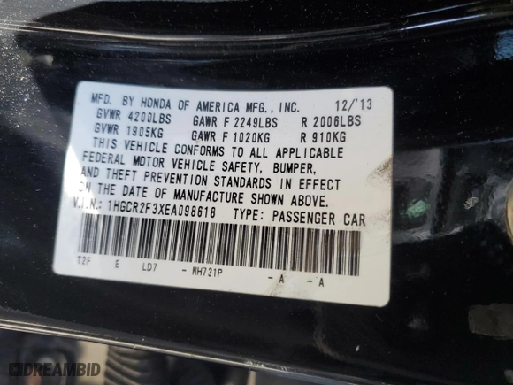 2014 Honda Accord Sedan LX with VIN 1HGCR2F3XEA098618, listed as a Copart auction lot 51137225 with 124,275 mi miles and Salvage Title. Bid and sale history available at carsss.com. Image 12.
